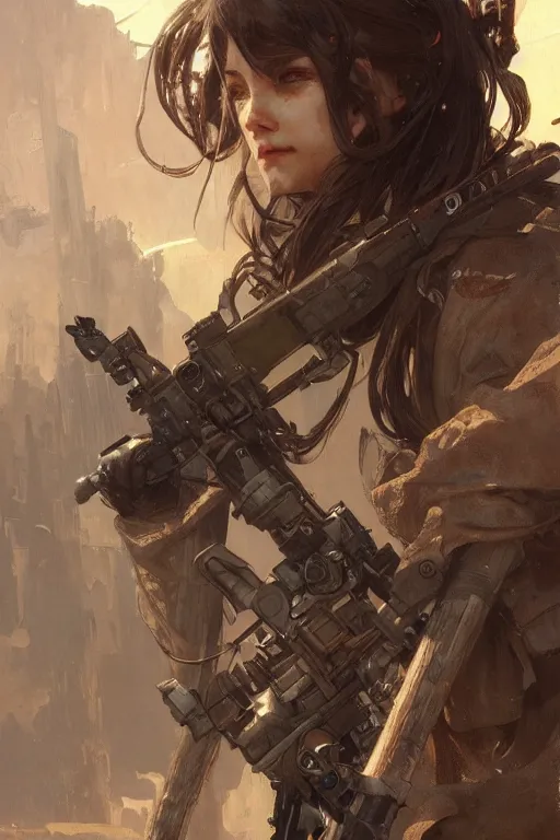 Image similar to A full portrait of a beautiful post apocalyptic elite sniper, intricate, elegant, highly detailed, digital painting, artstation, concept art, smooth, sharp focus, illustration, art by Krenz Cushart and Artem Demura and alphonse mucha