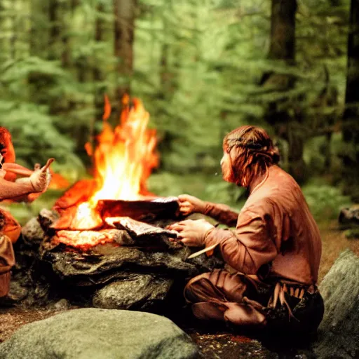 Image similar to kodak 2 0 mm, photo, neanderthal people eating sushi, surrounded by dinosaurs!, gigantic forest trees, sitting on rocks, bonfire, close up camera on bonfire level