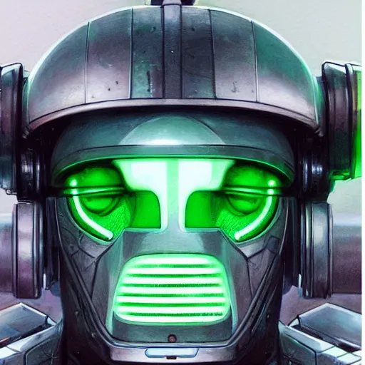 Prompt: robot with glowing green visor as a realistic scifi cyberpunk knight, closeup portrait art by donato giancola and greg rutkowski, realistic face, digital art, trending on artstation, symmetry!!!