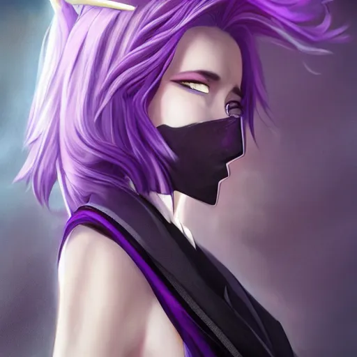 Image similar to beautiful anime woman with purple hair, ( ( ( ( ( unicorn horn ) ) ) ) ) ( ( ponytail ) ) ( ( ( purple eyes ) ) ), a purple tuxedo, sharp focus, intricate, cell shaded, award winning photography, cinematic, digital painting, cinematic, wlop, 8 k, by ross tran, tom bagshaw