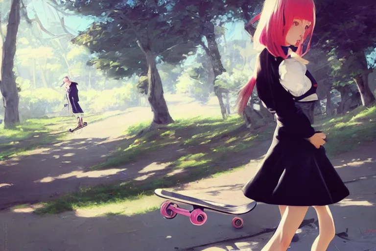 Image similar to A ultradetailed beautiful panting of a stylish woman in a maid outfit skateboarding, Oil painting, by Ilya Kuvshinov, Greg Rutkowski and Makoto Shinkai