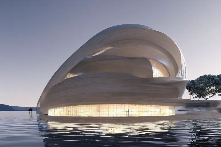 Image similar to a building formed by the combination of many white spherical spaces and boolean, on the calm lake, people's perspective modern curved architecture, future, wood, marble, metal award winning, highly detailed 4 k art, dusk, unreal engine highly rendered, global illumination, radial light, internal environment by kazuyo sejima