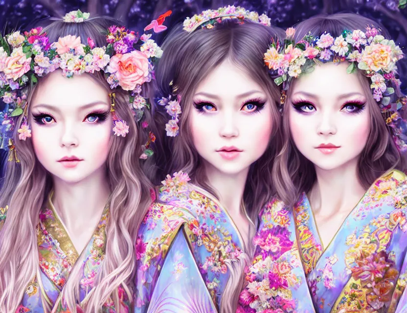 Image similar to two beautiful fashion siberian girls wear fantasy kimono in festival | | big eyes, sunny, dreamlike art, realistic shaded, smile, good looking, hyper details, 4 k realistic, cryengine, realistic shaded lighting poster by artgerm, ross tran, fuji choko, loish, 8 k resolution, trending on artstation, luxury