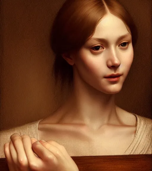 Prompt: portrait of happiness sitting upon a table with heightened detail, poised, intense emotion, detailed facial expression, detailed surroundings, intricate, elegant, highly detailed, centered, digital painting, artstation, concept art, smooth, sharp focus, illustration, by ( leonardo da vinci ), wlop