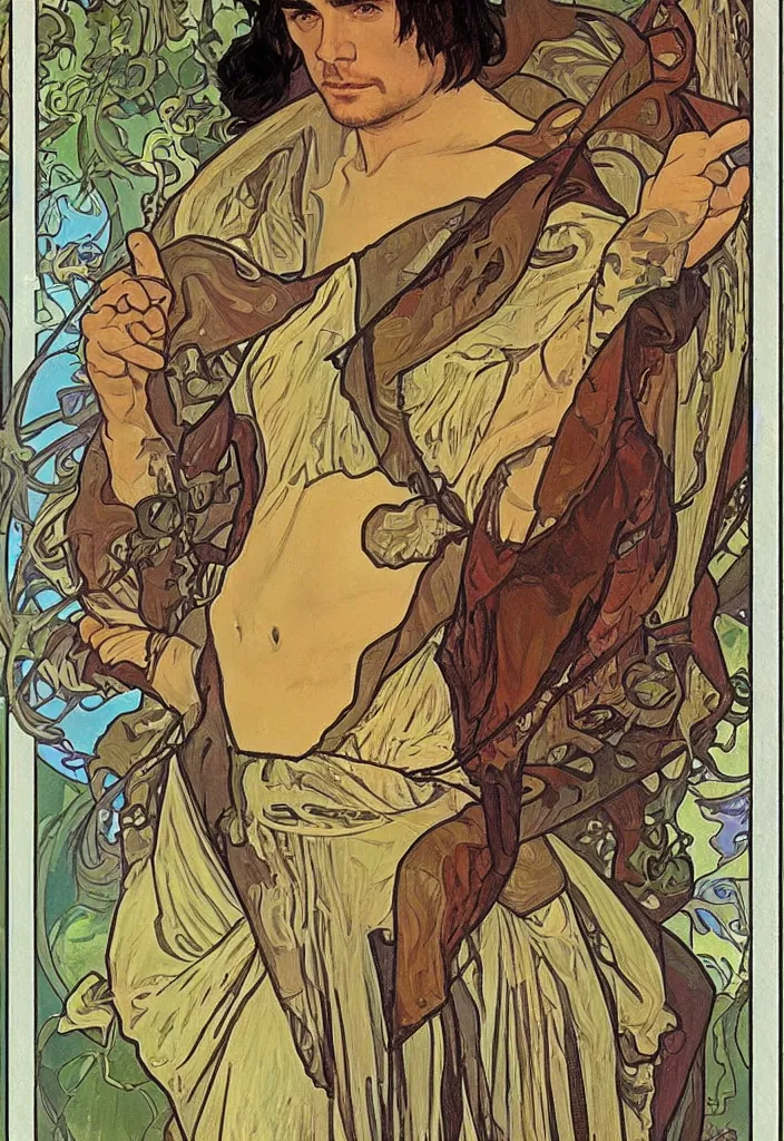 Image similar to realistic ian goodfellow on a tarot card, tarot in art style by alphonse mucha