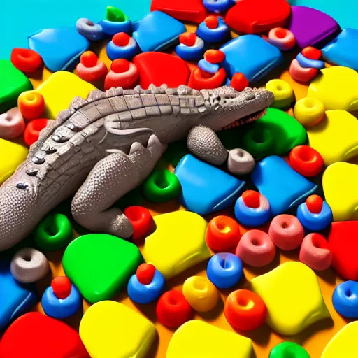 Image similar to a crocodile made entirely out of gumdrops, candyland background, cinematic lighting, product photography, 3 d render