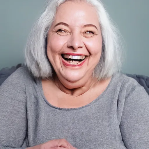 Prompt: Portrait Photo of ur fat mom smiling creepy into the camera, gray hair, smiling softly, realistic, 4k/8, real, photoshooting, relaxing on a modern couch, interior lighting, cozy living room background, medium shot, mid-shot, soft focus, professional photography, Portra 400