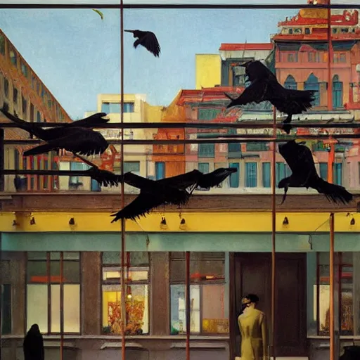 Prompt: a battle of crows in mumbai, hyperrealistic film still by edward hopper, by gottfried helnwein, by klimt, by paolo uccello, art nouveau, highly detailed, strong lights, liminal, eerie, metaphysical, bright pastel colors