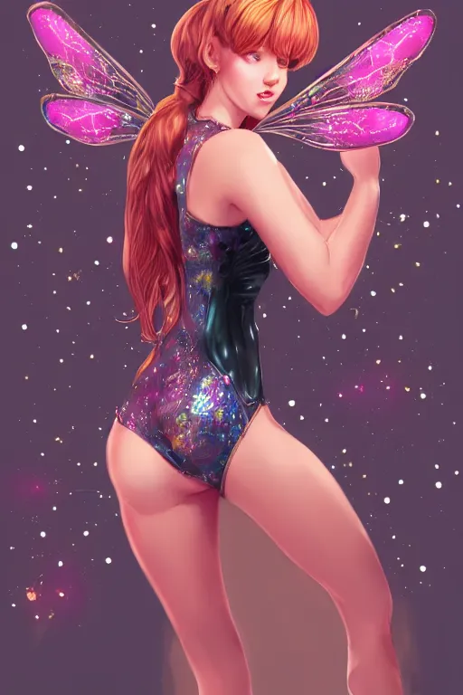 Image similar to beautiful full body portrait of a ginger woman in pigtails, wearing a sparkling pink one piece swimsuit with giant dragonfly wings, by wlop and artgerm, steampunk! fiction, detailed eyes, starry background, trending, on artstation.