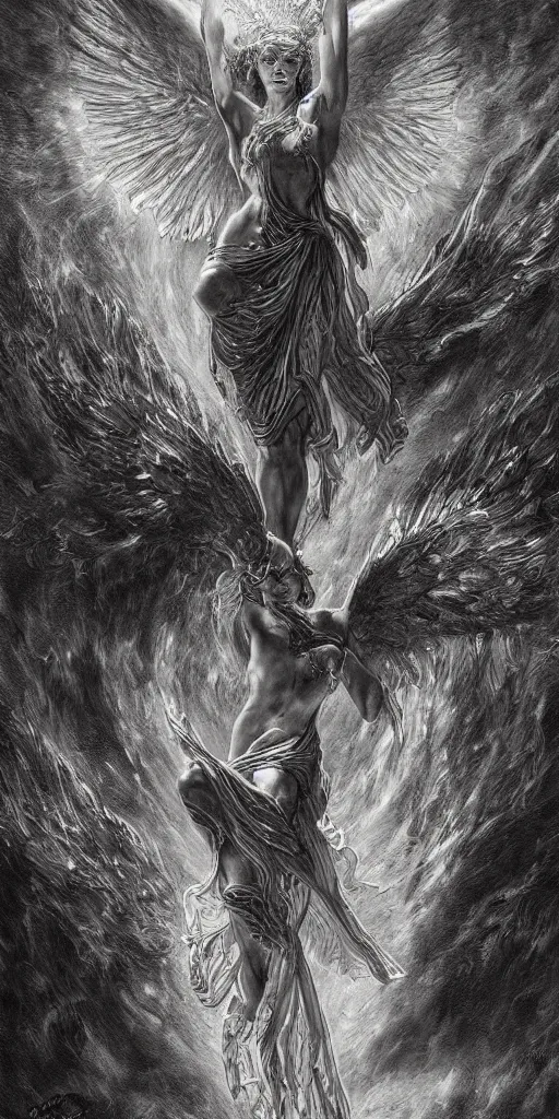 Image similar to burning wings of mighty angel lucifer falling from the heavens, elegant, beautiful, engraving, concept art, elden ring, illustration, smooth, sharp focus, by gustave dore and greg rutkowski, hyper realistic, ephemeral, dramatic lighting, fantasy art, in the style of midjourney, intricate, alphonse mucha, hyper detailed