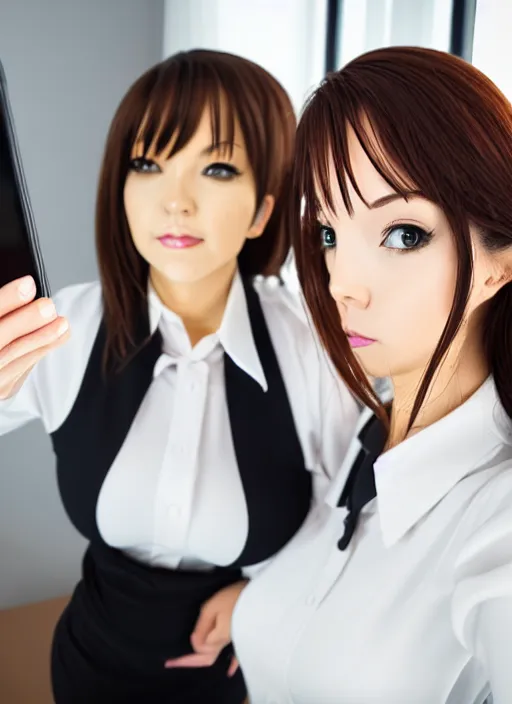 Image similar to a mirror selfie of two beautiful office ladies, gorgeous faces, thick lines, cinematic lighting, detailed anime art