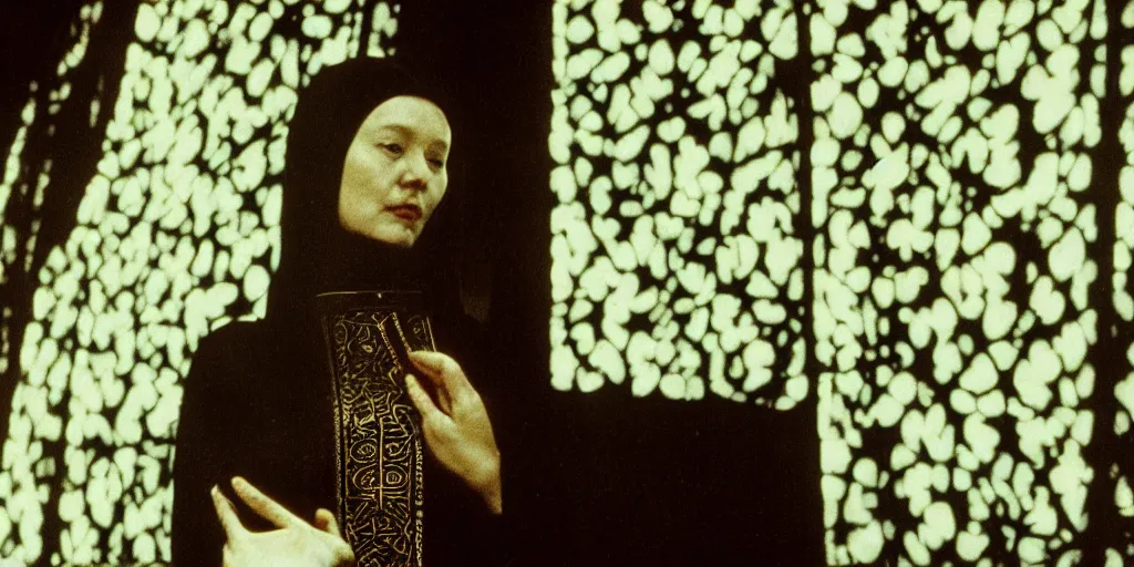 Prompt: Hildegard Von Bingen in a Wong Kar-wai film, 35mm film, step-printing