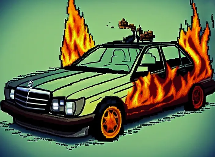 Image similar to burning wrecked mercedes 1 2 4, pixelart by kirokaze, award winning. dramatic. trending on artstation. very low quality, low resolution sync by honeybunny