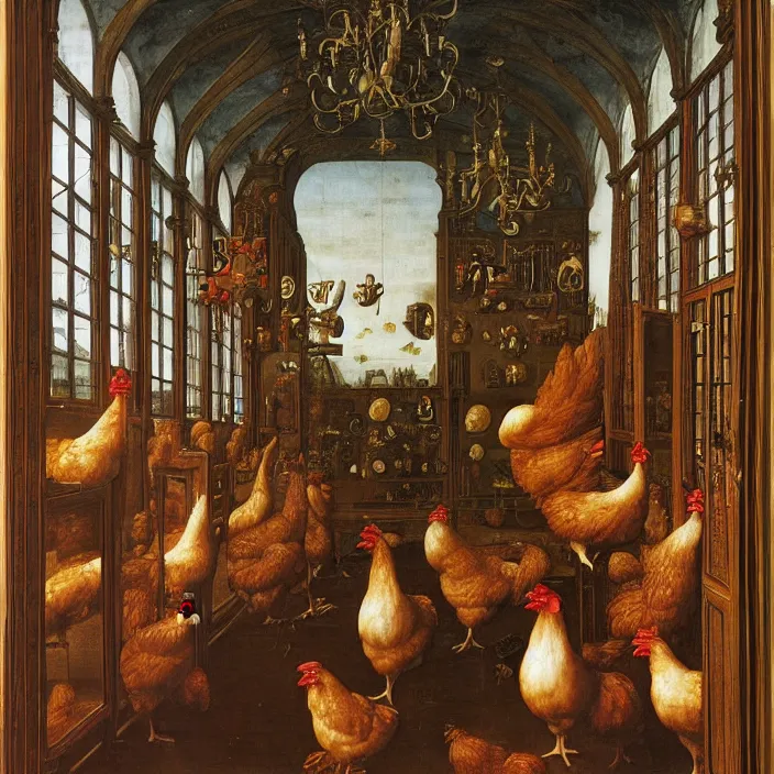 Image similar to a chicken in a hall of mirrors, chicken nebula, by jan van eyck