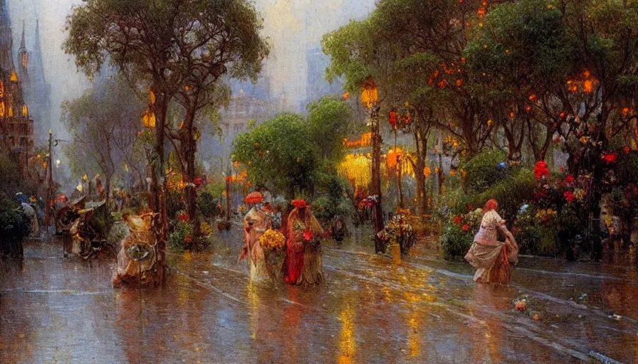 Image similar to city full of flowers, plant and trees, during heavy rain, in the style of Gaston Bussière, Art Nouveau