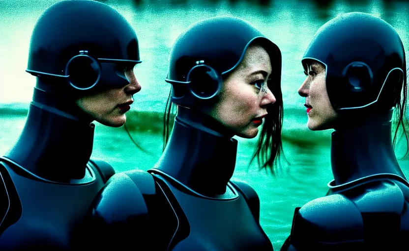 Prompt: cinestill 5 0 d candid action photographic portrait by christopher nolan of two loving female androids wearing rugged black mesh techwear in treacherous waters, extreme closeup, modern cyberpunk retrofuturism moody emotional cinematic, pouring iridescent rain, 8 k, hd, high resolution, 3 5 mm, f / 3 2, motion blur, ultra realistic faces, ex machina