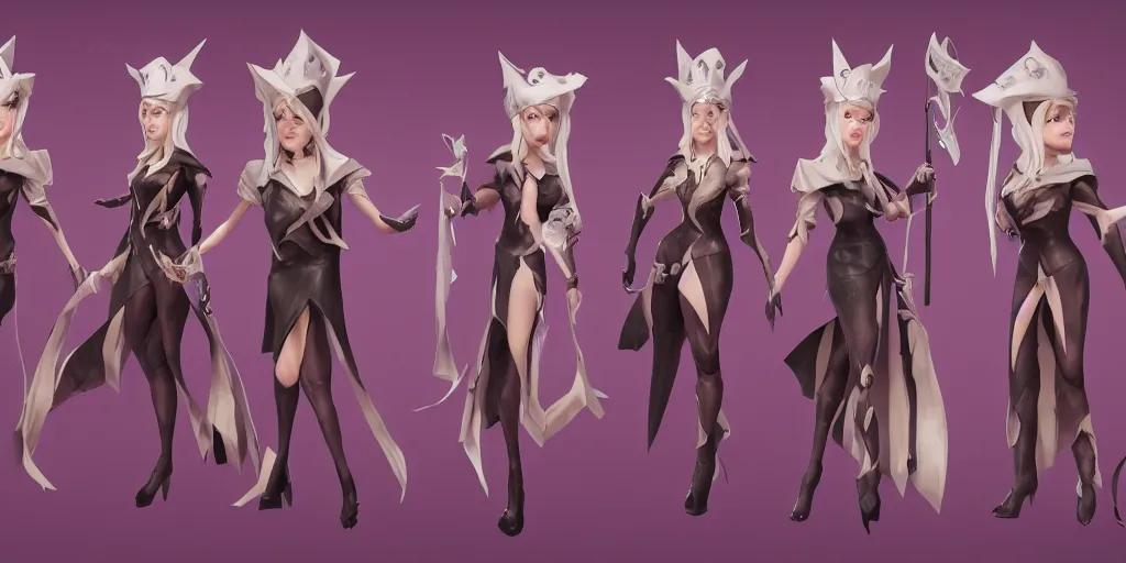 Prompt: Character sheet of prestige coven leblanc (League of Legends). 3d render, octane render, game art, realistic, highly detailed, trending on artstation, 4k, trending on artstation, pixar, cgsociety, unreal engine 5, redshift render, trending on artstation, blender, behance, cg