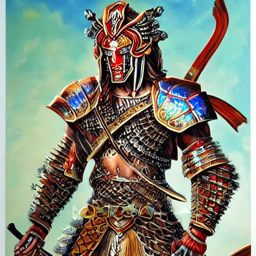 Image similar to detailed painting of a god killer warrior with chrome armor and a crossbow detail intricate exquisite colorful