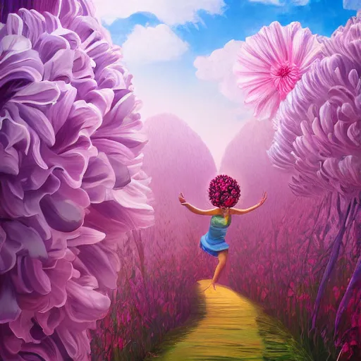 Prompt: giant carnation flower as head, woman running between luxury apartments, surreal photography, sunlight, impressionist painting, digital painting, artstation, simon stalenhag