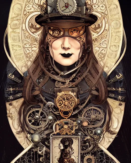 Prompt: a detailed portrait illustration of a steampunk necromancer. beautiful obese female face. art nouveau, pop art, comic book style. influenced by neil gaiman, h. p. lovecraft, dan mumford, karol bak, vadim voitekhovitch, killian eng, ross tran, cedric peyravernay.