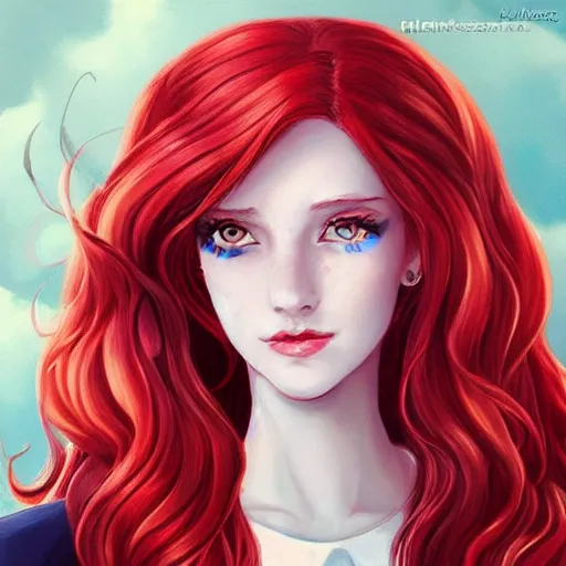 Image similar to a portrait of a young woman with red hair, smart, rich, fancy clothes, artist, artistic, shallan davar, blue eyes, beautiful, smiling, thick hair, dnd, artgerm style