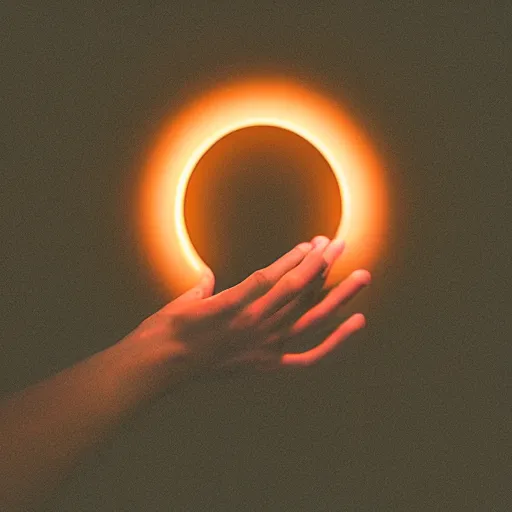 Image similar to a small glowing orange triangle floating above an open hand, dark lighting