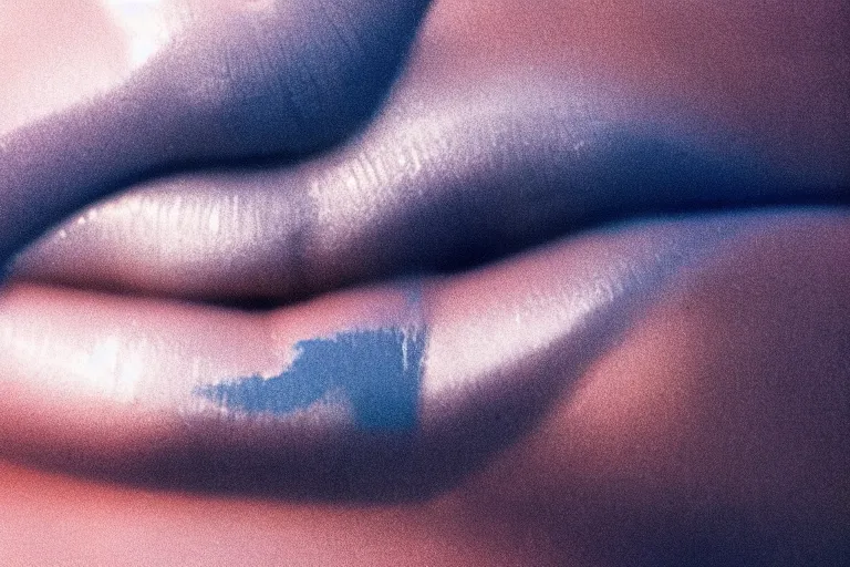 Image similar to film photography, minimalism, lips with smeared lipstick in in blue fog, low shutter speed, golden hour, 35mm, motion blur