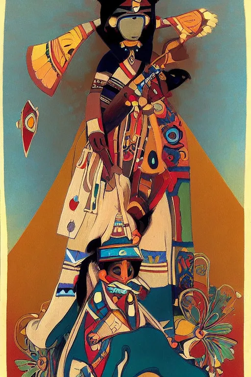 Image similar to A beautiful painting of Hopi kachina dolls, symmetrical features, cinematic lighting, soft bokeh, fantasy, modern, colourful, highly detailed, digital painting, artstation, deviantart, concept art, sharp focus, illustration, by alphonse mucha and Edward Hopper