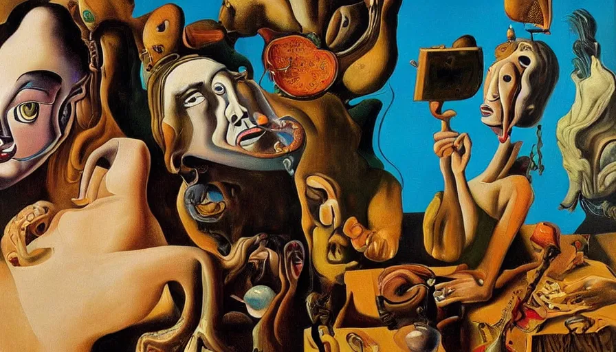 Image similar to gorgeous painting by equal parts salvador dali and vermeer robert williams and basil wolverton and robert crumb oil on canvas, 8 k 1 0 8 0 p