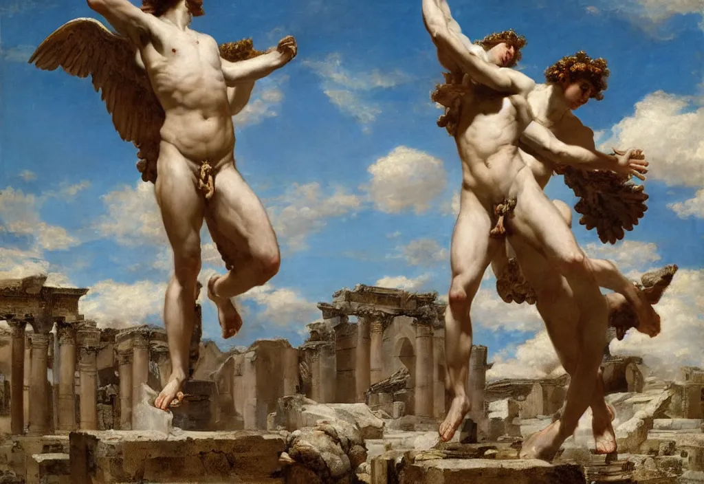 Prompt: the god of love eros soaring in the skies with apollo, ancient ruins by lawrence alma - tadema style, very detailed, anatomically correct, path traced lighting, soft natural lighting