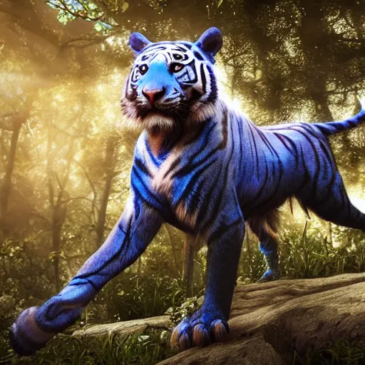 Image similar to fantasy blue tiger with wings in a forest, landscape, realistic, highly detailed, sharp focus, octane render, illustration, trending on Artstation