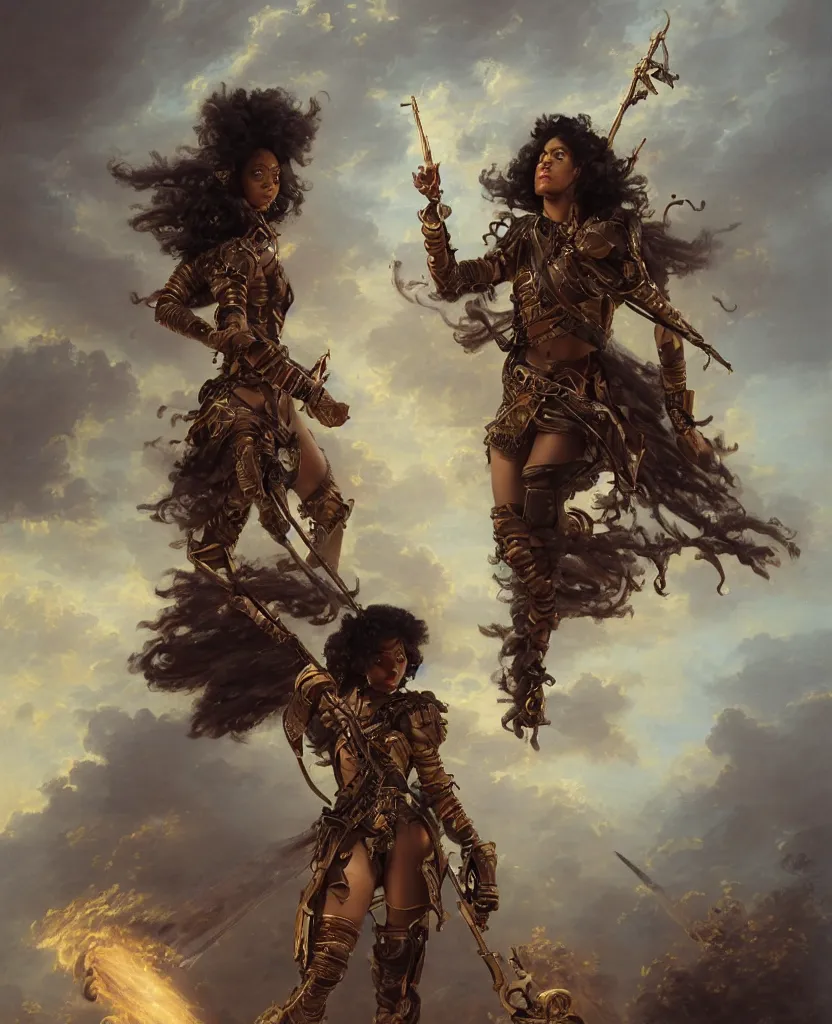 Prompt: a brown skinned female demon hunter with mid dark curly hair and a futuristic uniform, windy, she is holding a adorned spear, stoic, modern, shes alone, maximalist fashion, hyperdetailed, dramatic, epic painting, painted by jean honore fragonard and greg rutkowski, full body, octane render, sharpness, 8 k, golden ratio