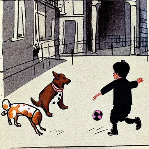 Image similar to book illustration of a french boy on the streets of paris playing football against a corgi, the dog is wearing a polka dot scarf, 1 9 6 6