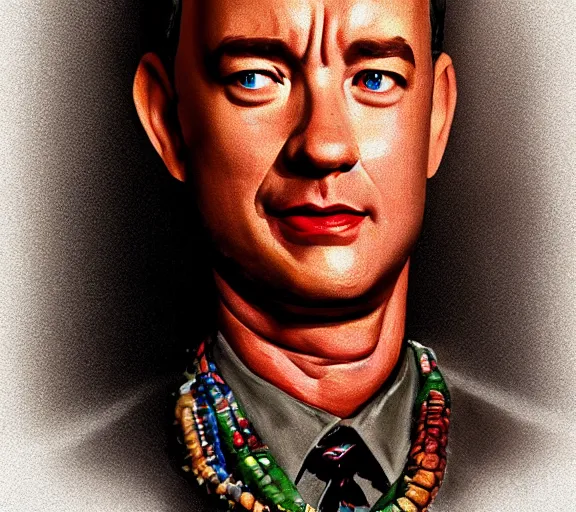 Image similar to Tom hanks as forrest gump wearing a necklace made out of shrimps, realistic face, digital art, in the style of Raphael Lacoste, amazing detail, artstation