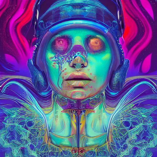 Image similar to An extremely psychedelic experience, colorful, surreal, dramatic lighting, cosmonaut, LSD, face, detailed, intricate, elegant, highly detailed, digital painting, artstation, concept art, smooth, sharp focus, illustration, art by Sam Spratt, Dan Mumford, Artem Demura and Alphonse Mucha