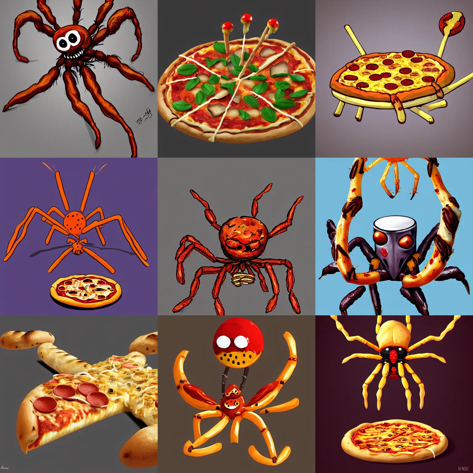 Prompt: a pizza - spider with breadstick legs, concept art, digital art, artstation