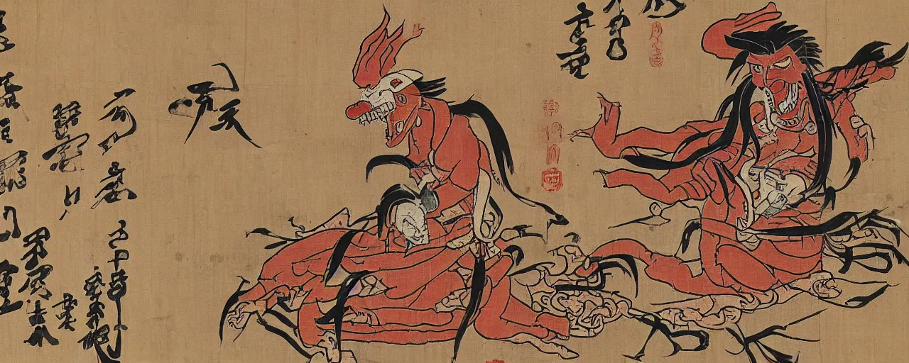 Prompt: an ancient papyrus depicting an infography of a japanese folklore demon, okami, ukiyo - e style
