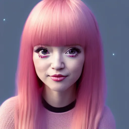 Image similar to A portrait of Nikki from Shining Nikki and Love, a cute 3d cgi toon young woman with long light pink hair, full bangs, hazel eyes, full face, light makeup, pale skin, Chinese heritage, cute outfit, medium shot, mid-shot, hyperdetailed, 8k, trending on artstation, as a Pixar character