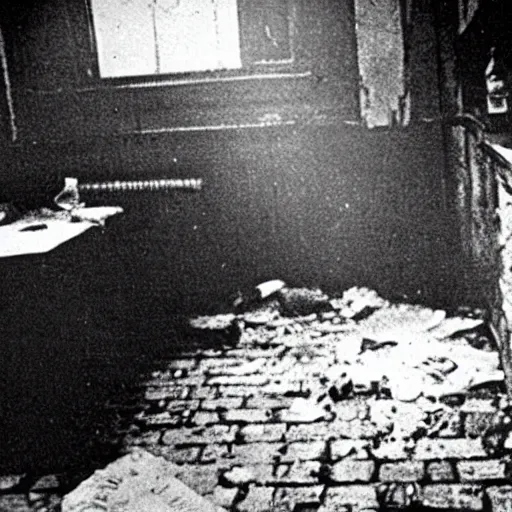 Prompt: 1980 photograph of a crime scene of the serial killer Jack the Ripper, unsettling, creepy, horrific, gruesome