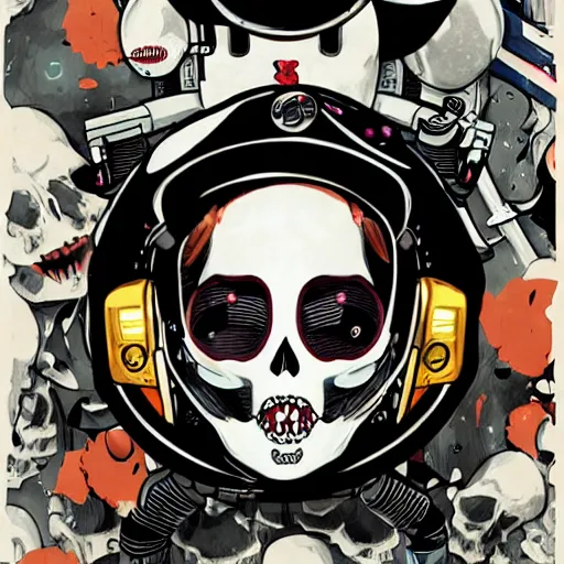 Image similar to anime manga skull portrait young woman skeleton, astronaut miffy, painterly, logo, graffiti, elegant, highly detailed, digital art, art by jc leyendecker and sachin teng