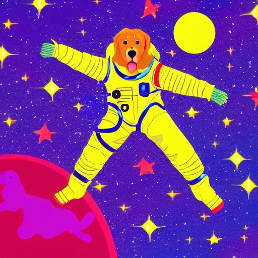 Prompt: illustrated scene of a golden retriever in a space suit doing a space walk, cheerful colors, vibrant