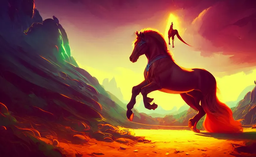 Image similar to a resplendant impressive portrait of a noble horse rearing up with no rider. ultra wide angle, fantasy art, anton fadeev, alex ross, heroic lighting, romance novel cover, very very very beautiful raytraced rendering