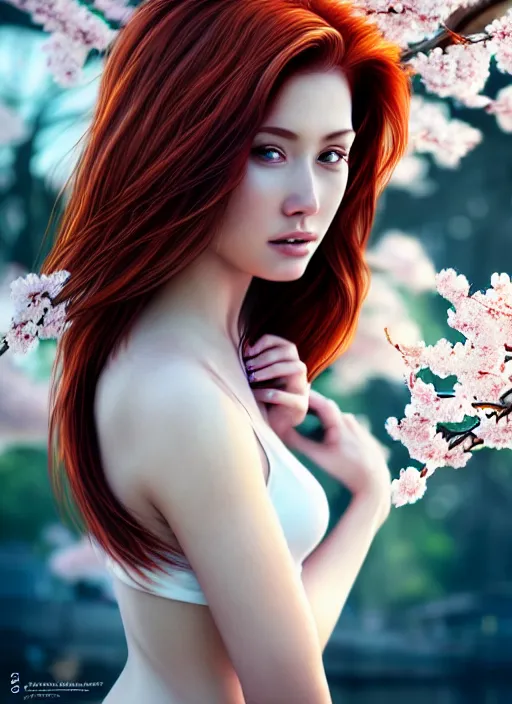 Image similar to photo of a gorgeous female with auburn hair in the style of stefan kostic, realistic, half body shot, sharp focus, 8 k high definition, insanely detailed, intricate, elegant, art by stanley lau and artgerm, extreme blur cherry blossoms background