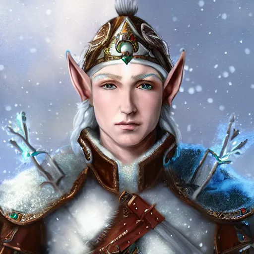 Image similar to handsome male snow elf archer portrait, turquoise cape and silver ornate armour as an archer, magical tundra background, albino skin, perfect face, very coherent symmetrical artwork, trending on artstation, award - winning