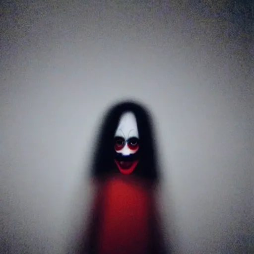 Image similar to terrifying clown in the corner of a dark room, creepypasta, blurry camera photo