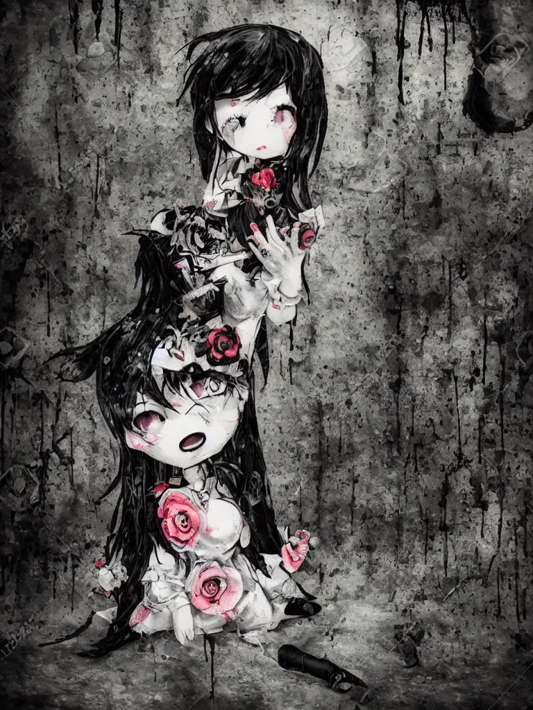 Image similar to cute fumo plush gothic black enigmatic maiden girl painted in spilt ink and washed watercolor, avant garde pop art, graffiti in an abandoned overgrown warehouse, vray