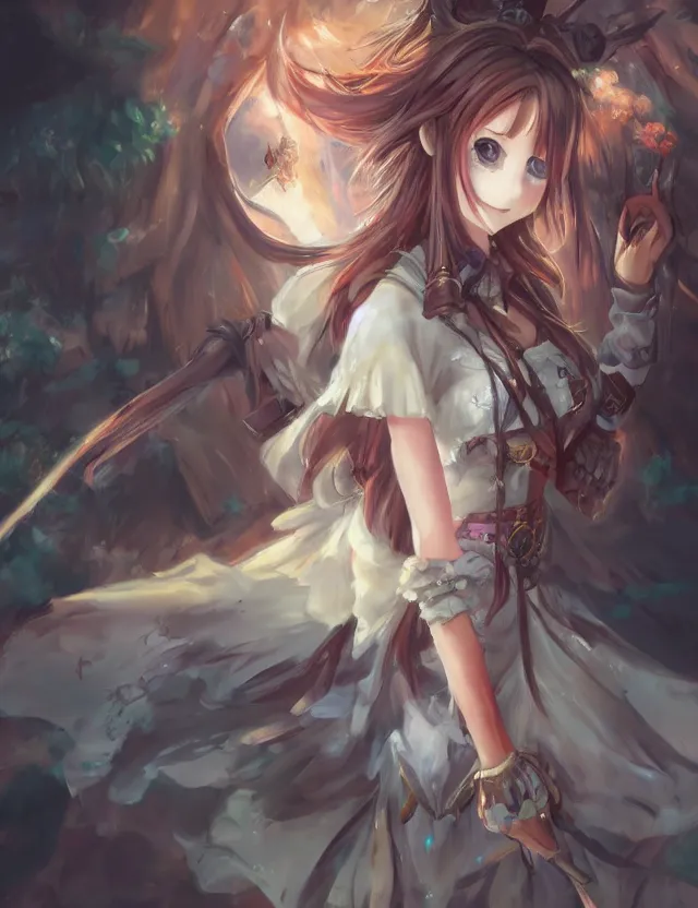 Image similar to scenic wide angle portrait of a teenage girl, bard outfit, anime in fantasy style, trending artwork, painted in anime painter studio, by anato finstark, tony sart, marc simonetti and an anime artist, collaboration