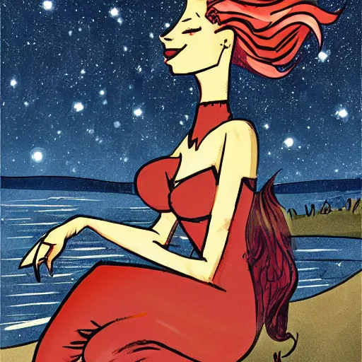 Image similar to a beautiful comic book illustration of a woman with long red hair sitting near a lake at night by darwyn cooke, featured on artstation