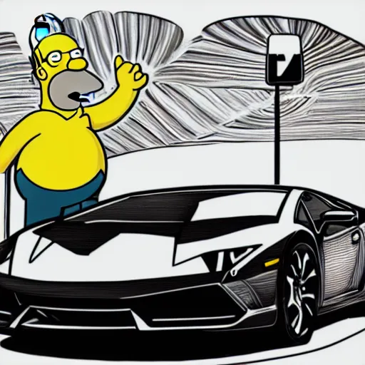 Image similar to Homer Simpson driving a Lamborghini, digital art.