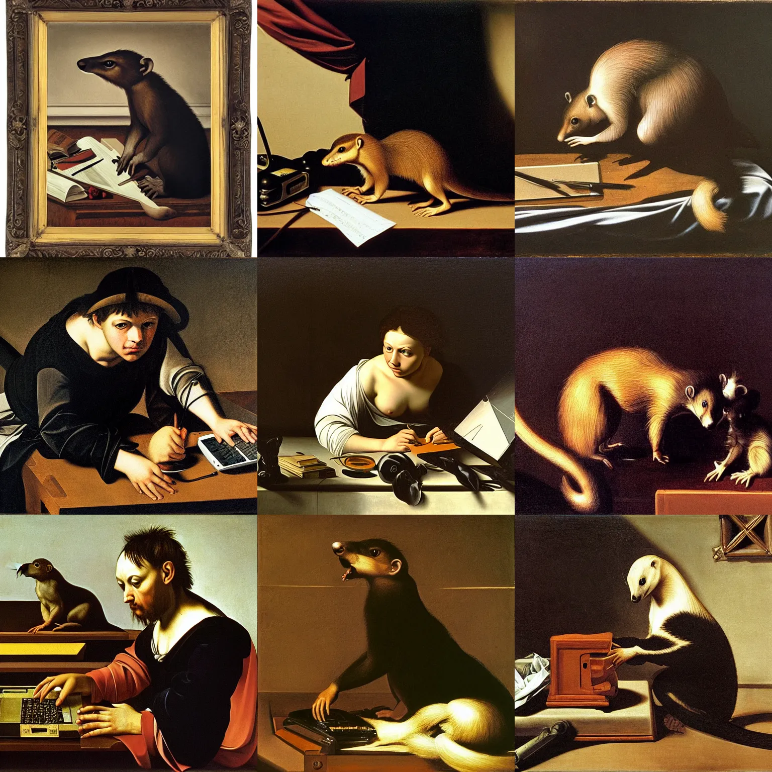 Prompt: caravaggio painting of a mongoose and a computer